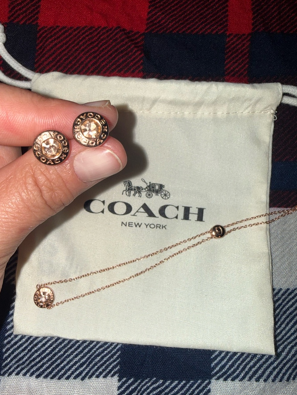 COACH Circle Stud Earrings + Matching Slider Bracelet Rose Gold Tone W/ Dusty
